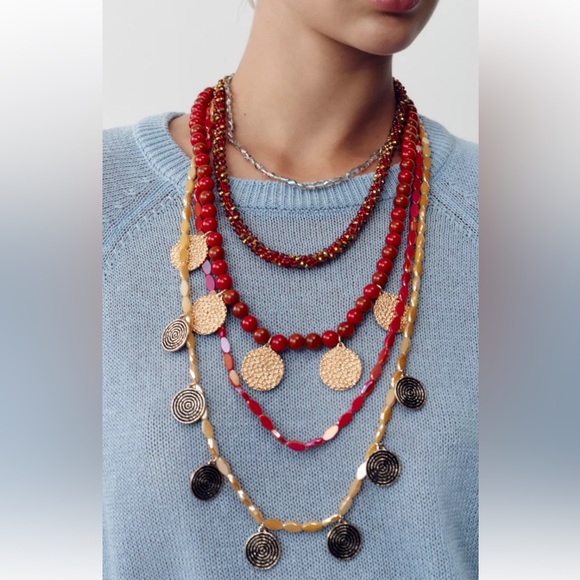 Zara Jewelry - Zara Red and Gold Multi-Layer Necklace BEADED NECKLACE PACK